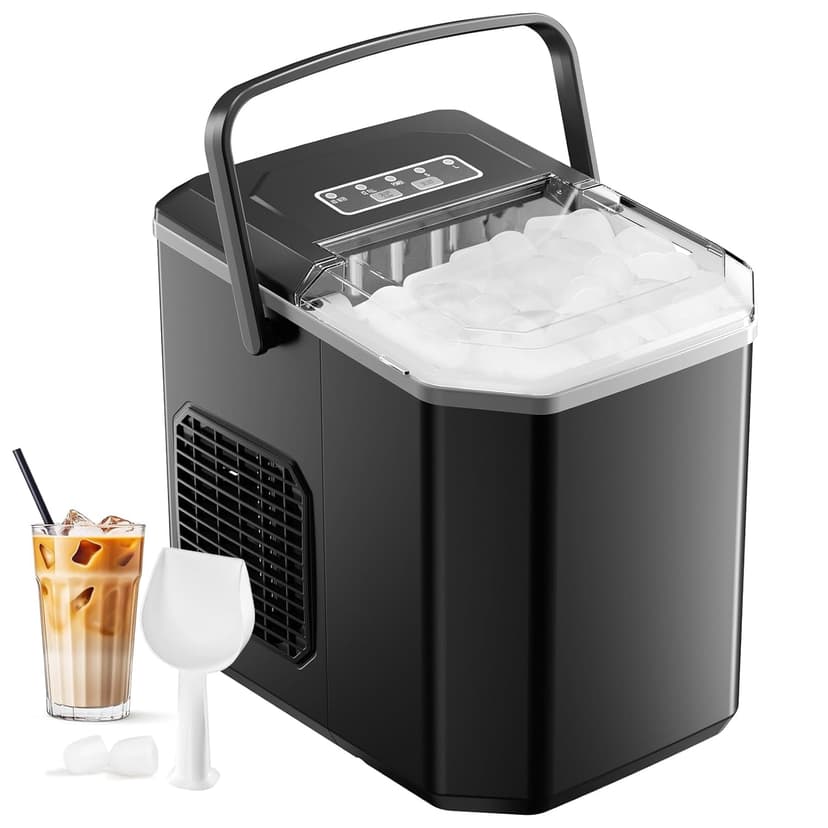 Ice Maker Machine Countertop, 9 Ice Cubes in 6-8 Minutes, 26.5 Lbs in 24 Hours, Self-Cleaning Ice Cube Makers Machine with Standing Scoop, for Home/Kitchen/Camping