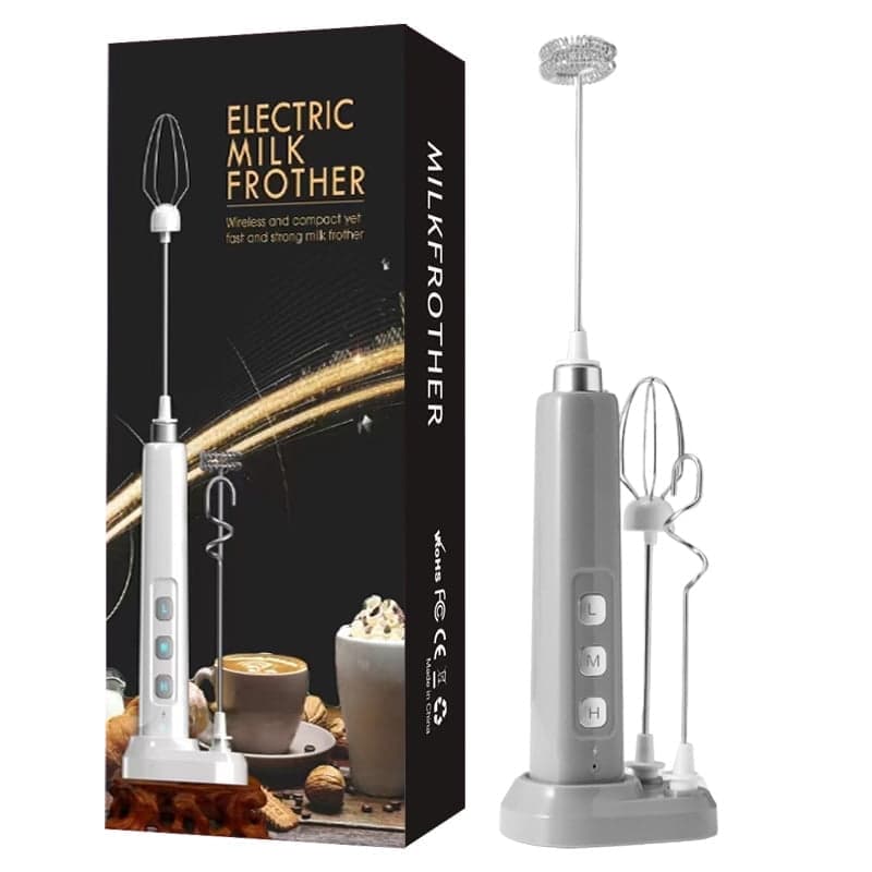 Rechargeable Electric Hand Mixer Milk Frother with 3 Stainless Steel Whisks, Grey