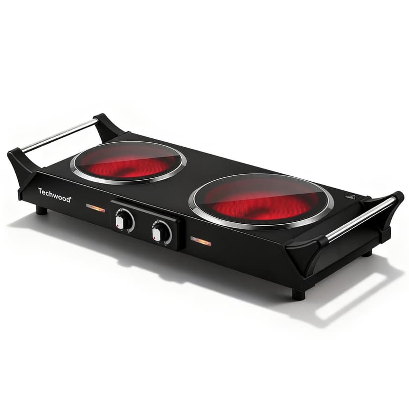 Techwood 1800W Portable Electric Stove, Double Infrared Ceramic Cooktop Burner with Dual Control, Anti-Scald Handles for RV Camping Home,Black
