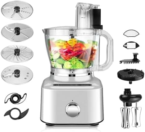 Homtone 16 Cup Food Processor, 11-in-1 Aluminum-Diecast 5 Preset Modes 8 Blades- Chopping, Shredding, Slicing, Dicing,Whisking& Kneading for Home Use, Variable Speed, 650W, Sliver