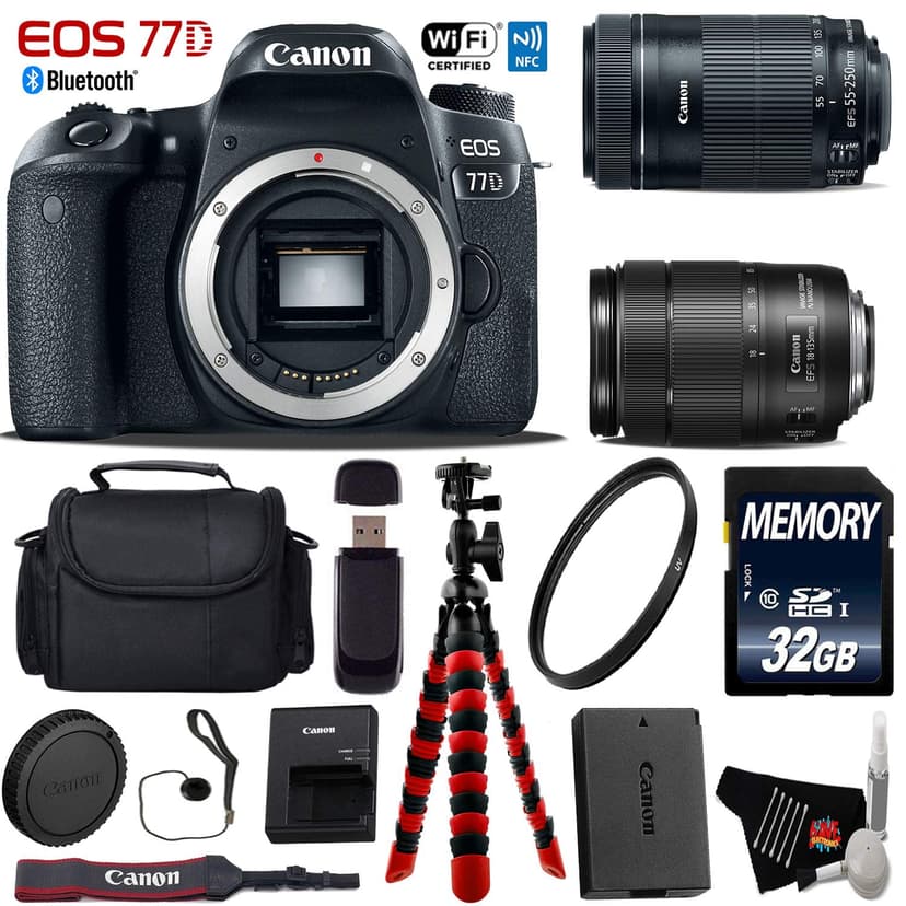 Canon EOS 77D DSLR Camera with 18-135mm is USM Lens & 55-250mm is USM Lens + Flexible Tripod + UV Protection Filter + Professional Case + Card Reader - Intl Model