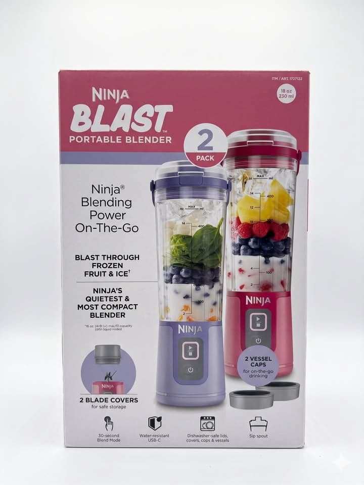 Ninja Blast Portable Blender, 2-Pack (Purple & Pink), Cordless 18 oz Personal Blender for Shakes and Smoothies