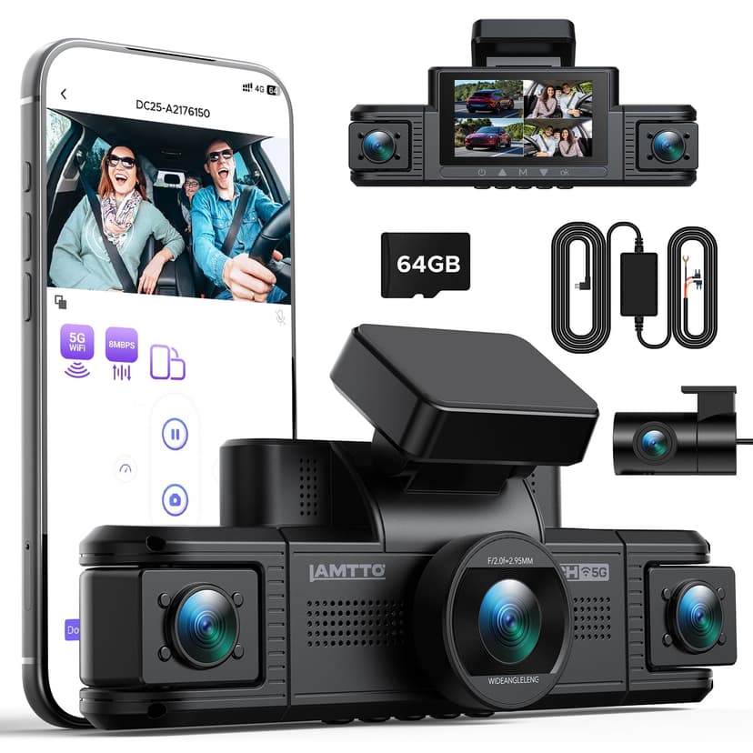 LAMTTO 4 Channel Dash Cam 360° Car Camera, 5G WiFi Dash Camera with APP Control IR Night Vision 24H Parking Monitor G-Sensor 64GB Card Hardwire Kit