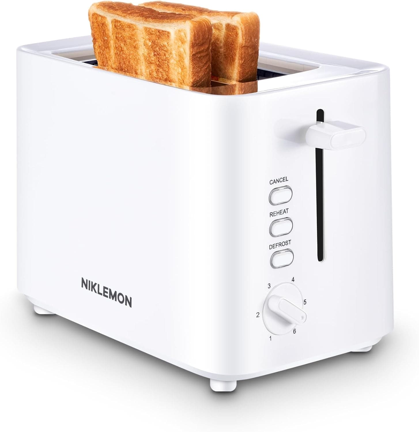 NIKLEMON Small Toaster 2 Slice, Mini Toaster with Wide Slots for Bagels,6 Browning Settings, Cancel/Defrost/Reheat Functions,for 10x10cm Bread,Black (White)