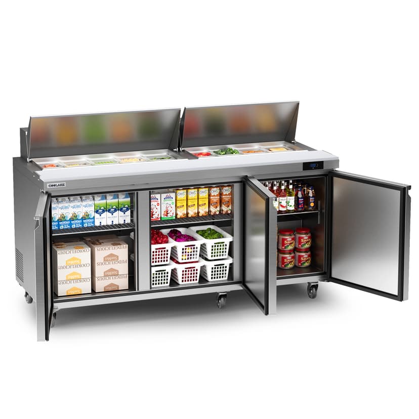 Coolake 72.7'' W Commercial Refrigerator Sandwich Salad Prep Table, 3 Door Sandwich Fridge with 18 GN 1/6 Pans