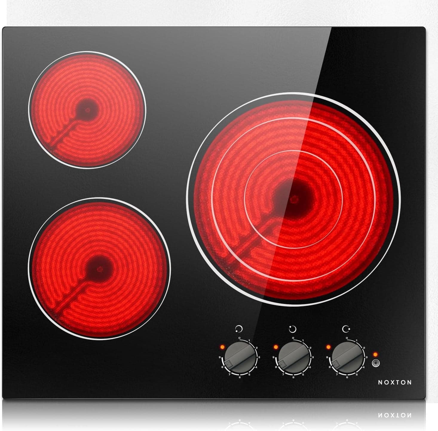 Noxton 3 Burner Electric Cooktop 24 Inch Electric Stove Top, Built-in 24" Radiant Electric Ceramic Cooktop with Knob Control, 9 Power Level, Hot Surface Indicator, 240v,5700W, Hard Wire