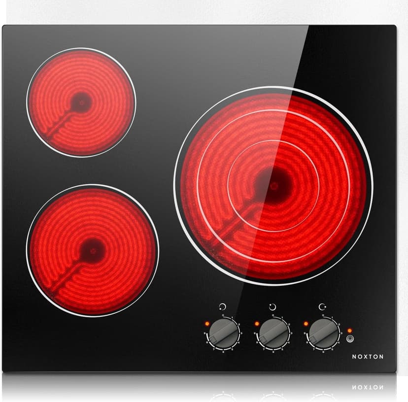 Noxton 3 Burner Electric Cooktop 24 Inch Electric Stove Top, Built-in 24" Radiant Electric Ceramic Cooktop with Knob Control, 9 Power Level, Hot Surface Indicator, 240v,5700W, Hard Wire