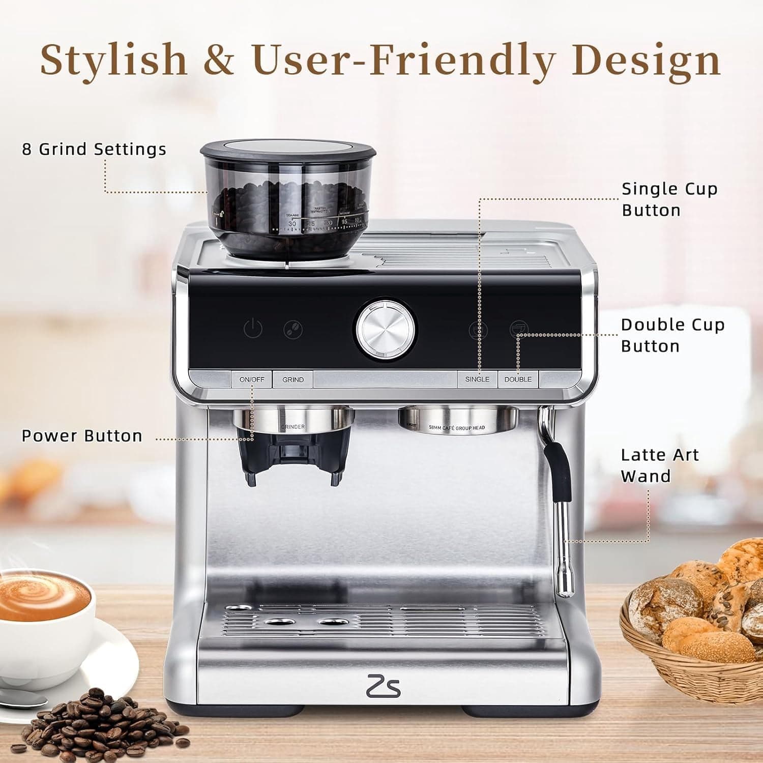 EDTara 20 Bar Espresso Machine With Grinder, Milk Frother, and Removable 95 Oz Water Tank, Stainless Steel for Lattes and Cappuccinos