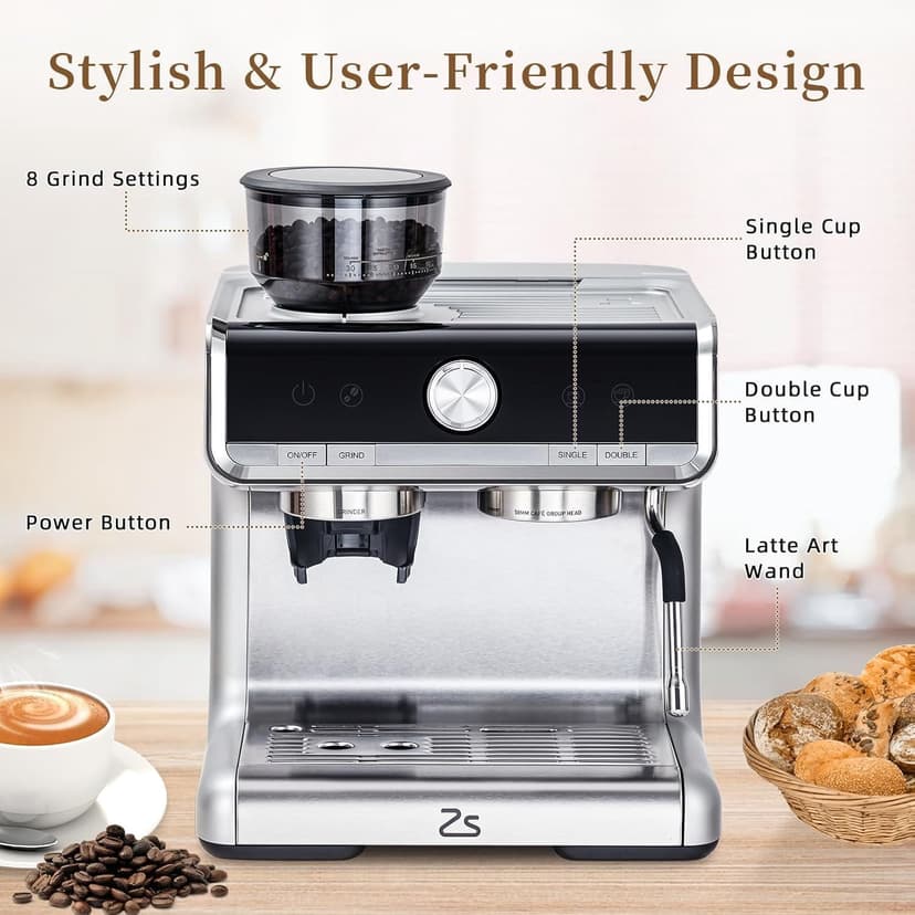 AKDSteel Professional Espresso Machine With Grinder, 20 Bar Pressure, Milk Frother, And 95 Oz Detachable Water Tank