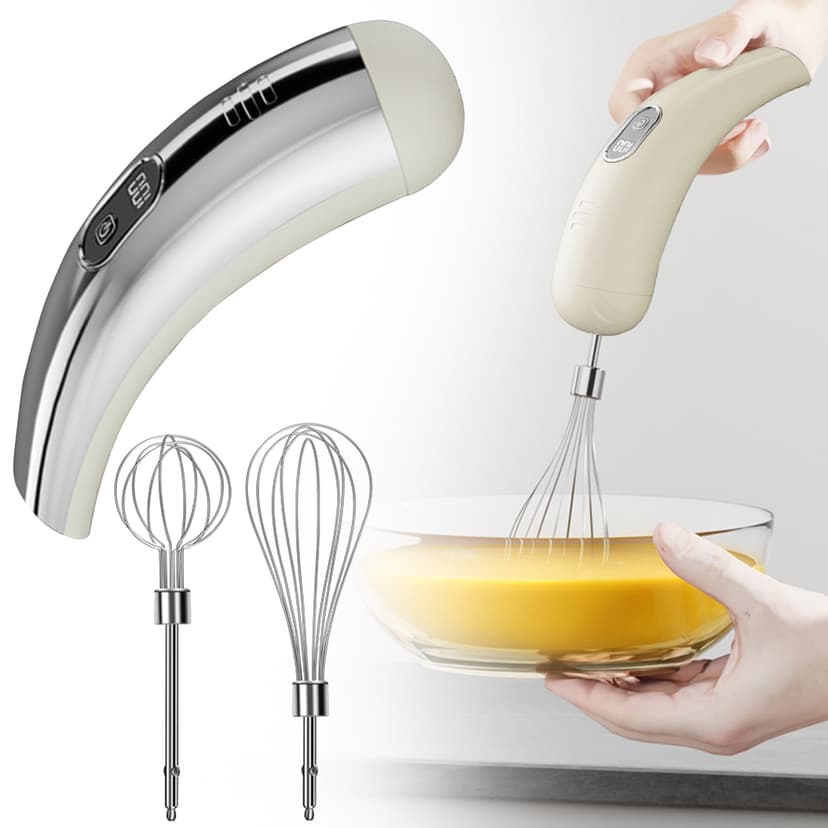 Wireless Electric Egg Beater - Rechargeable Hand Mixer with 5 Speed Settings, LCD Display - Cordless Milk Frother, Whisk for Baking, Cake