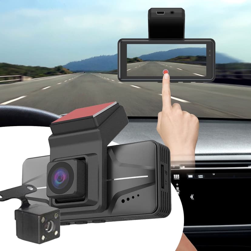 Tunhigl Upgraded High Definition Dash Cam Built With 1080P Dashboard Before And Tail Camera Recorder, 3inch Touchscreen, 120° Wide Angle, Night Vision