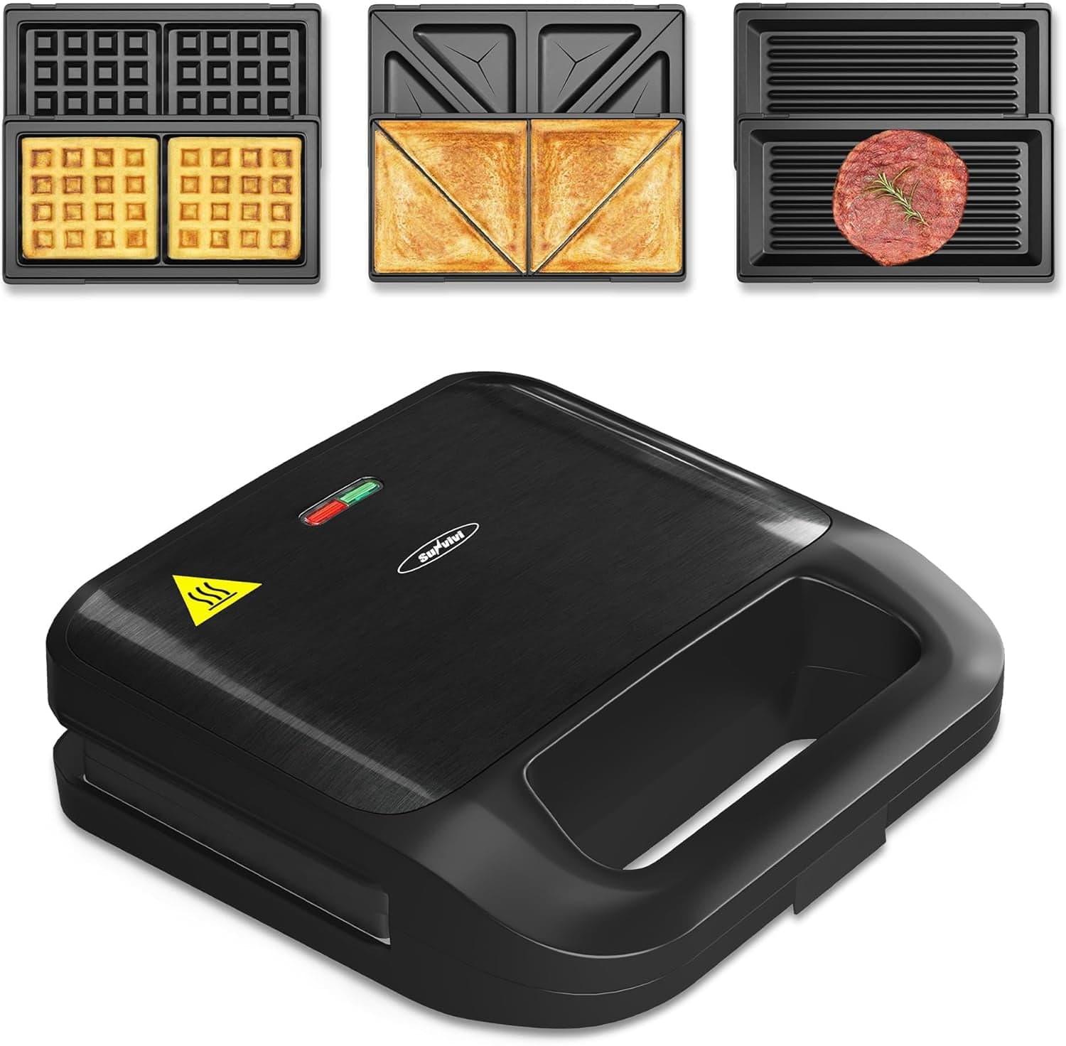 Sunvivi 3 in 1 Electric Sandwich Maker, Panini Press Grill and Waffle Iron Set, Grill and Sandwich Press with Removable Non-Stick Plates, Indicator Lights & Cool Touch Handle, 750W, Black