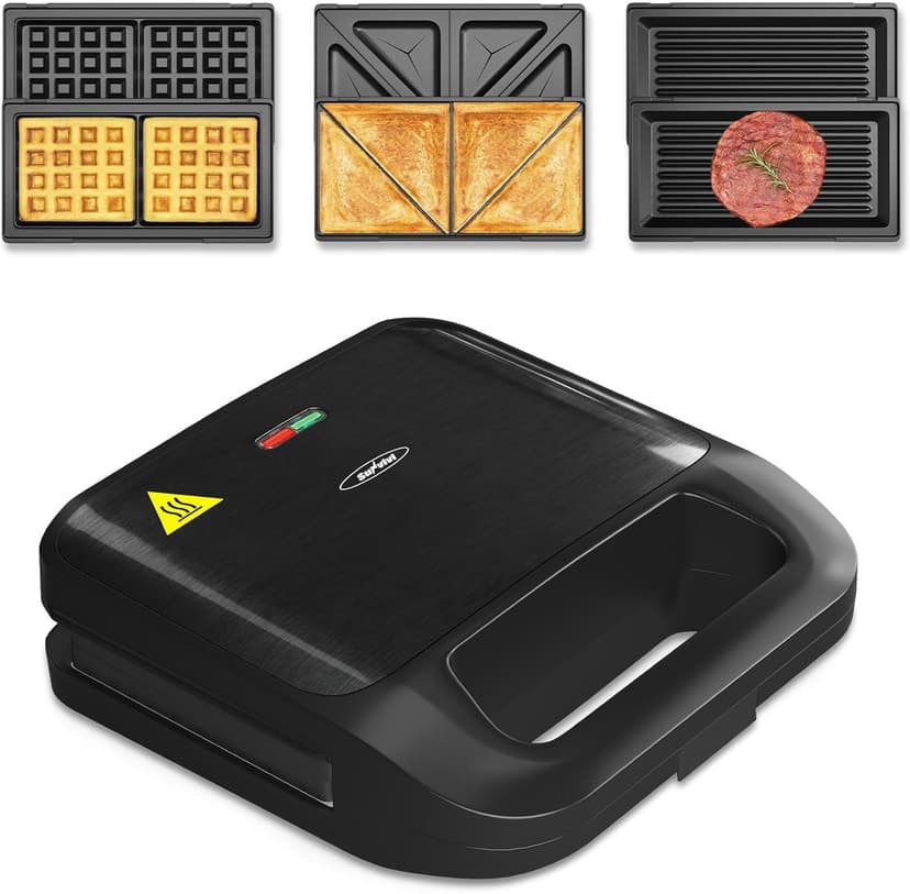 Sunvivi 3 in 1 Electric Sandwich Maker, Panini Press Grill and Waffle Iron Set, Grill and Sandwich Press with Removable Non-Stick Plates, Indicator Lights & Cool Touch Handle, 750W, Black