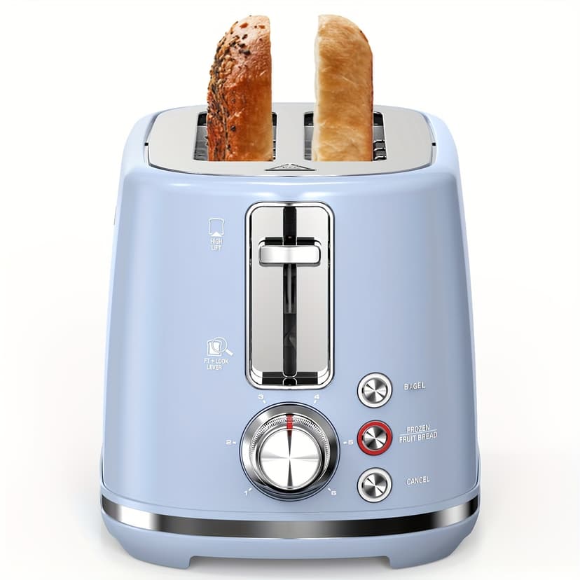 2-Slice Retro High-Lift Stainless Steel Toaster | Extra-Wide Slot, Bagel & Muffin Option, Easy to Clean Crumb Tray, 6-Setting Shade Control Blue