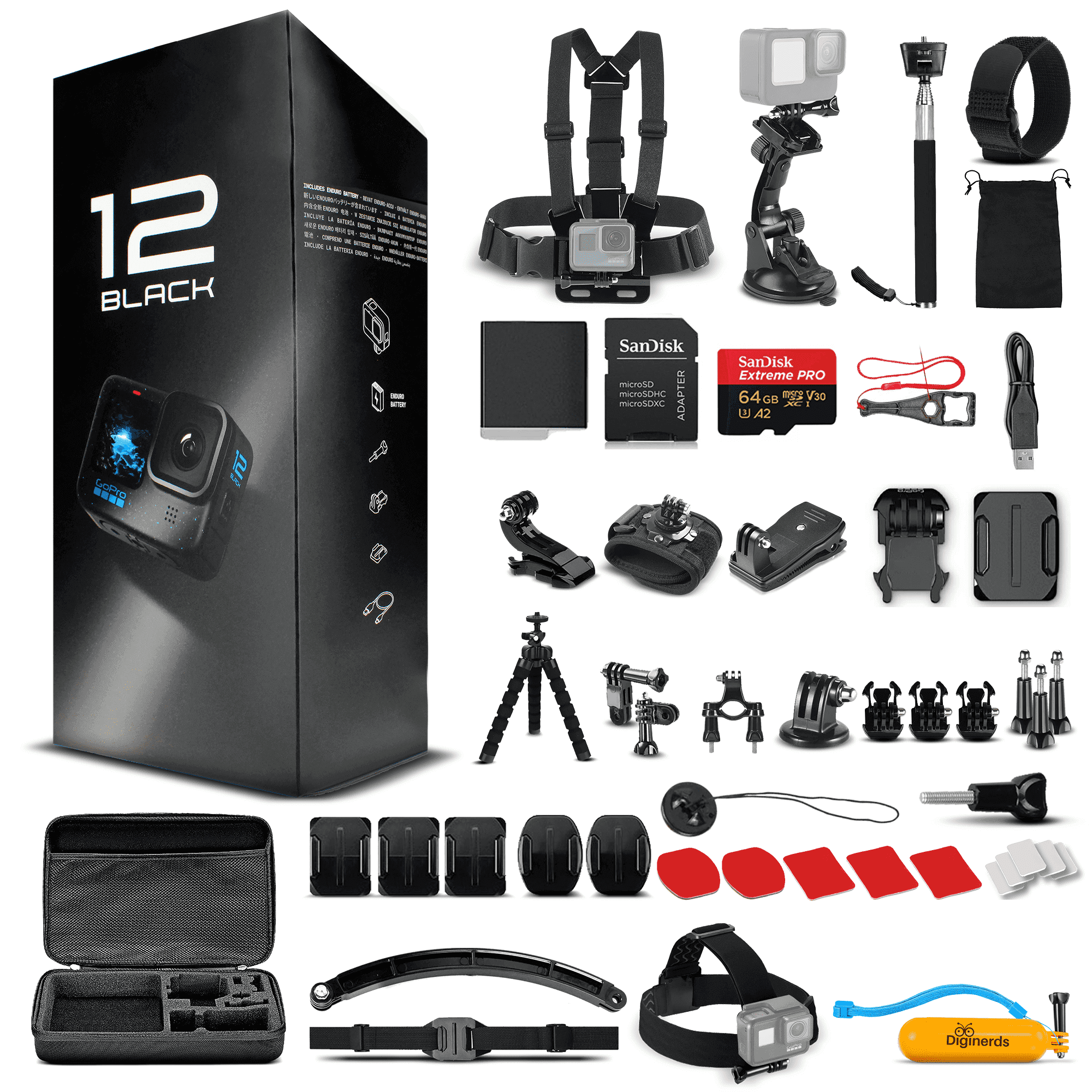 GoPro HERO12 Black Underwater Action Camera with Hyper Smooth 5.3K60 Ultra HD Video Bundle with 64GB Card & 50-Piece Kit