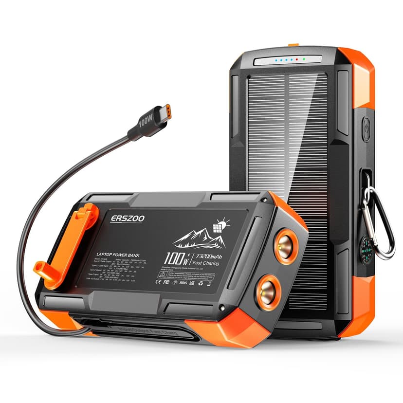 Solar Charger Power Bank 73200mAh, Portable Laptop Charger with 100W USB-C in/Output, Built-in Cables, Hand Crank Power Bank for Mobile Phones, Ideal