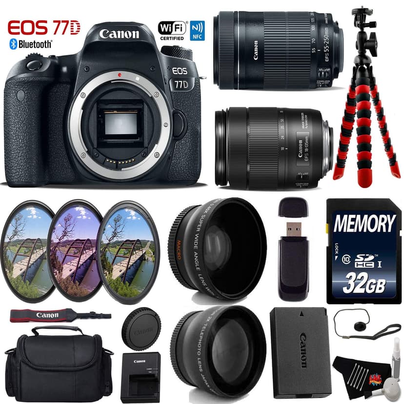 Canon EOS 77D DSLR Camera with 18-135mm is STM Lens & 55-250mm is STM Lens + UV FLD CPL Filter Kit + Wide Angle & Telephoto Lens + Camera Case + Tripod + Card Reader - Intl Model