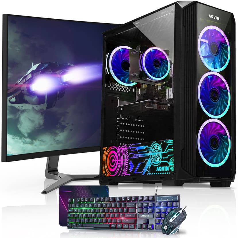 Gaming PC AQVIN ZForce Desktop Computer Tower Intel Core i7, 32GB DDR4 RAM, 1TB SSD Storage, 27 Inch Gaming Monitor, AMD Graphics RX 5050 8GB, Windows 11 Pro RGB Keyboard and Mouse WiFi