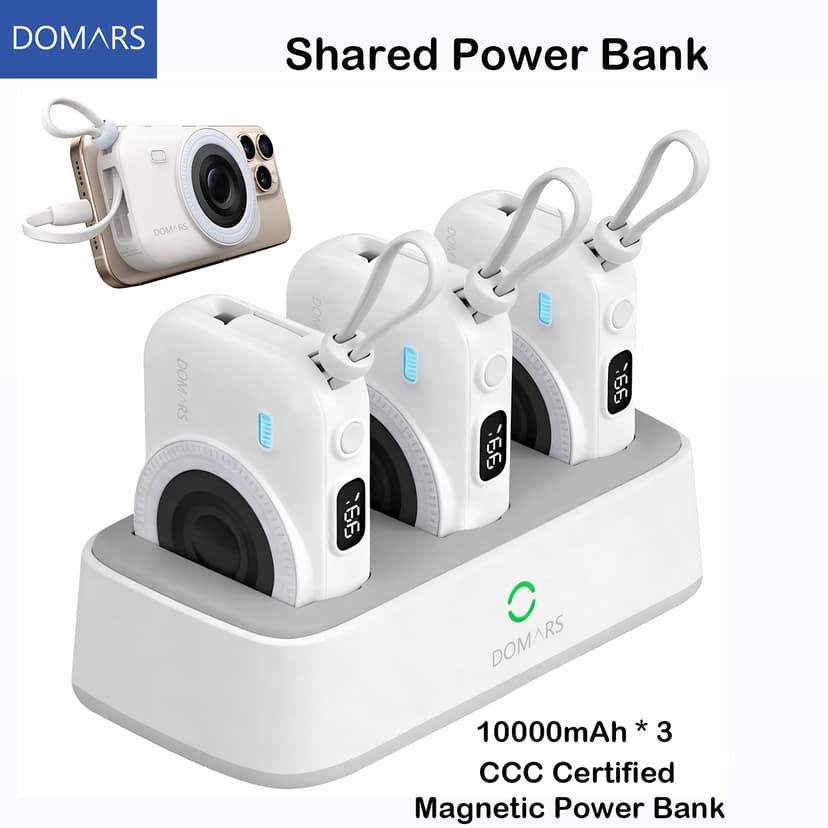 Domars 2-in-1 Magnetic Portable Charging Station, 3 Pack 10000mAh Magnetic Power Bank, 22.5W PD Fast Charging, 15W Wireless Charger Travel External Battery Pack with Built-in Type-C/Lightning Cable