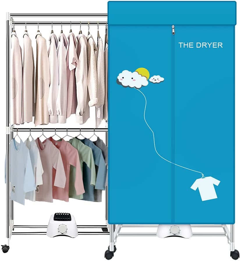 XIAQING Portable Dryer, 110V 1000W Electric Clothes Dryer Machine, Double Layer Stackable, Stainless Steel, Blue, 15kg Capacity, Front Load, Ideal for Apartments, RV, Families, Campers