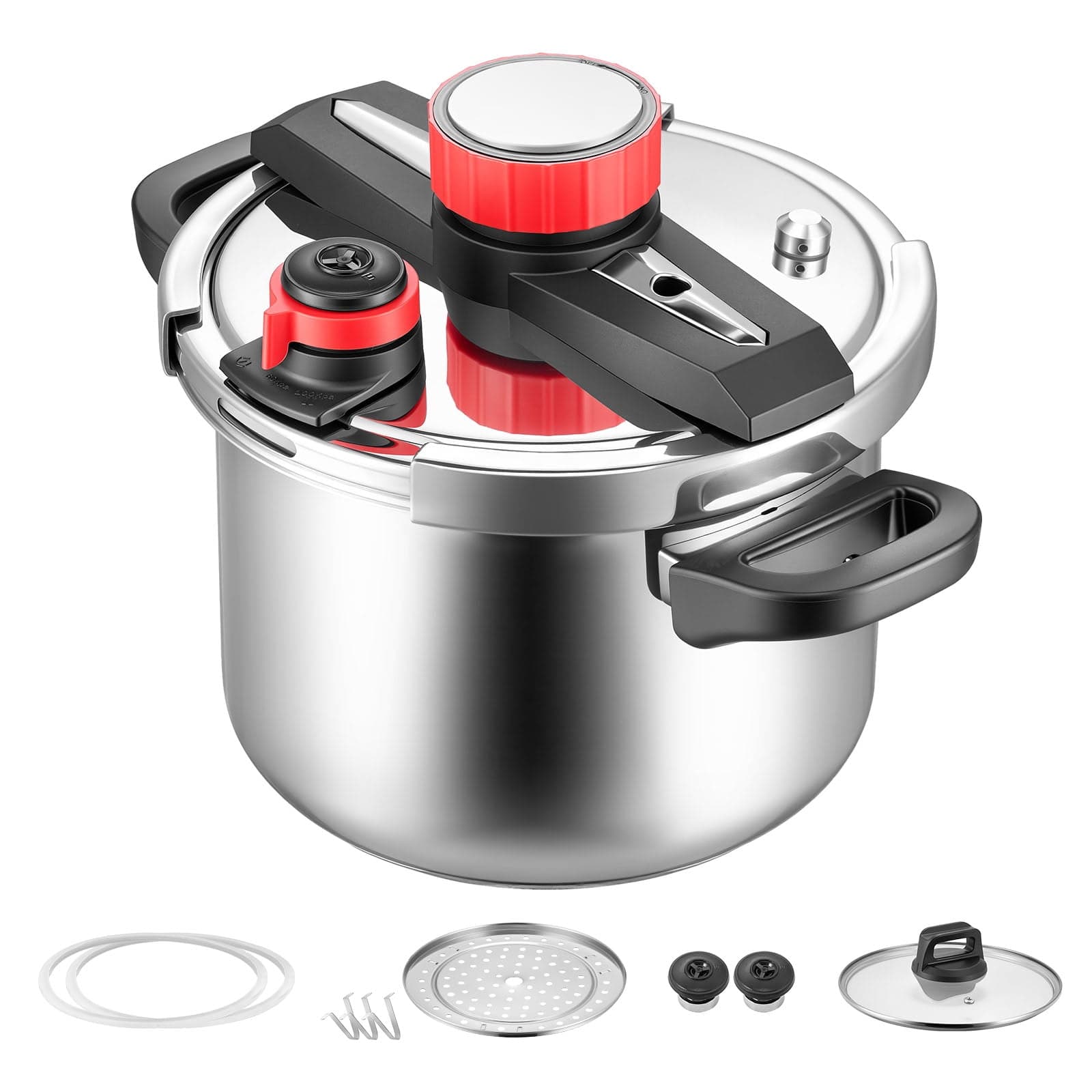 KFFKFF Pressure Cooker, 6.3Qt Pressure Cooker Stainless Steel, Pressures Canner with Steaming Rack, Tempered Glass Lid