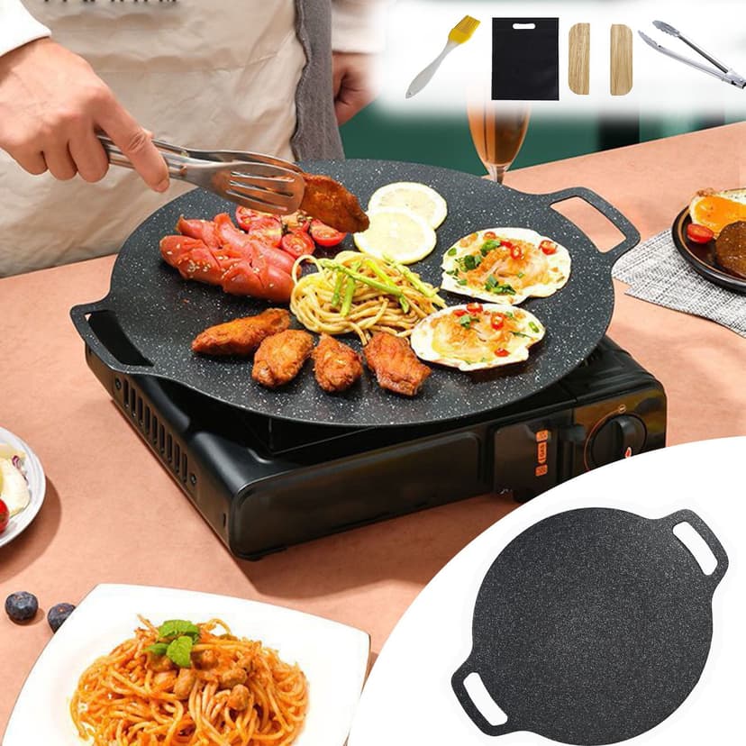 Aodebiao Multi-Griddle Grill with Wooden Handle, Iron Baking Pan for Stove & BBQ, Detachable Legs Non-Stick Heat Distribution, Outdoor Camping Cooking Steak Pancake