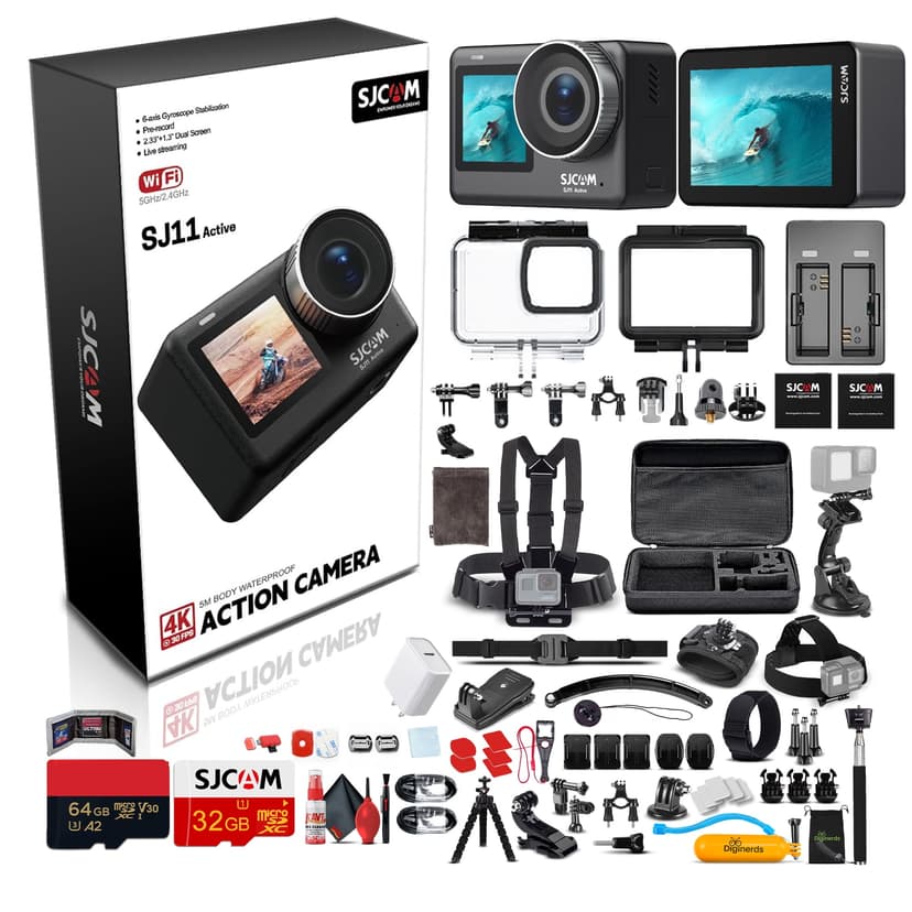 SJCAM SJ11 Active 4K Dual Touchscreen Action Camera | Waterproof Cam with Front & Rear Display | Vlog-Ready for Adventure, Biking, Diving(SJ11) + 50-in-1 Action Accessory Kit + 64GB Card + More