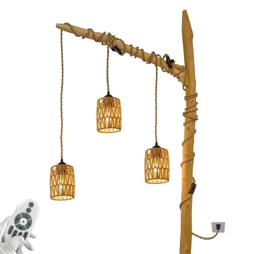 FSLiving Hanging Swag Ceiling Lamp Portable Pendants, 15ft Plug-in Cord Twine Natural Rattan Hanging Swag Lamp Dimmable Smart Edison Bulb by Remote for Background Wall, No Wiring Needed, 3 Lights