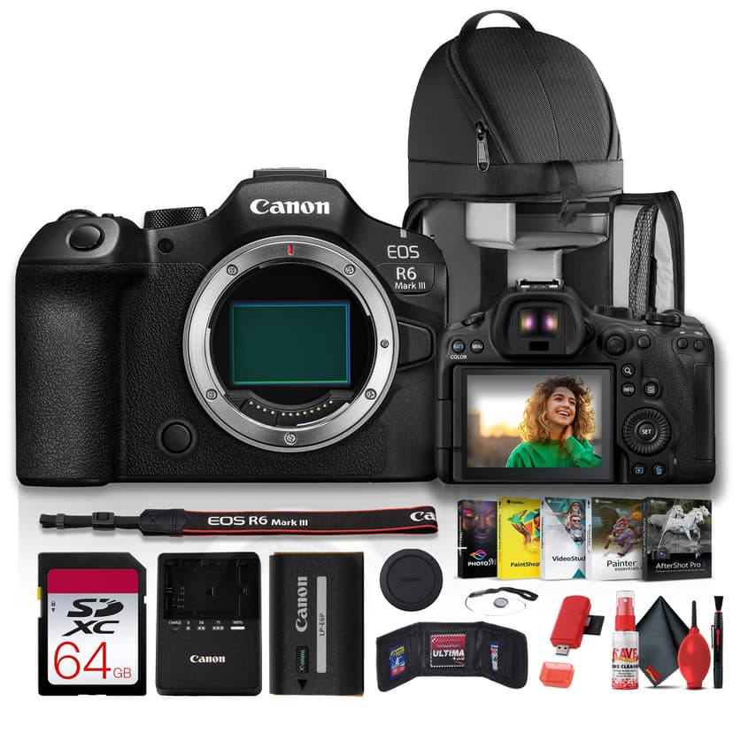 Canon EOS R6 Mark III Mirrorless Camera 32.5MP Full-Frame | Stop Motion Firmware, 7K 60p RAW Video, 4K 120p, 40fps, 8.5-Stop Stabilization + 64GB Card + Software + Backpack (International Model)