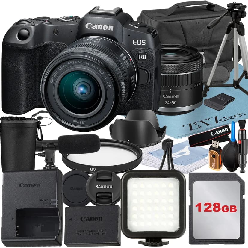 Canon EOS R8 Mirrorless Camera with RF 24-50mm Lens + 128GB Memory Card + Case + LED Flash + ZeeTech Accessory Bundle