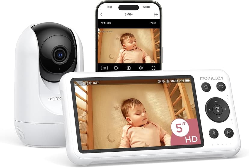 Momcozy Smart WiFi Baby Monitor with Camera and Audio, 5" 1080P Screen with Wall Mount, Motion & Cry Detection, 2-Way Talk, Photo & Video Recording