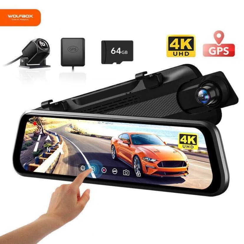 WOLFBOX Rear View Mirror Dash Camera, 4K Dash Cam Front and Rear with Night Vision, 10" Touch Screen Dash Cam, Parking Monitor, Vehicle, Free 32GB Card, GPS