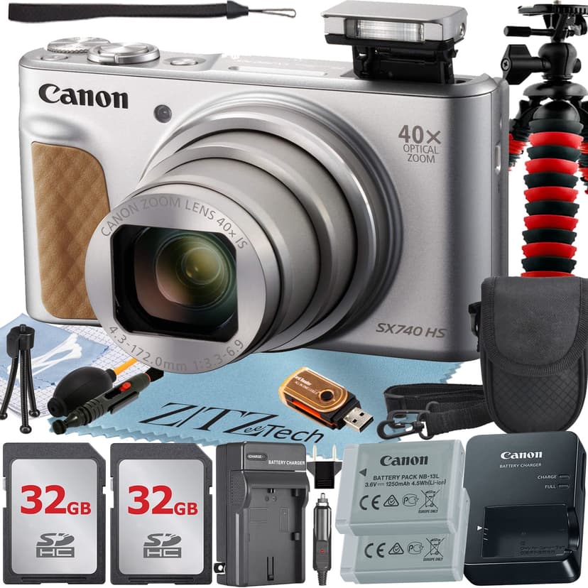 Canon PowerShot SX740 HS Digital Camera (Silver) with 2 Pack 32GB Memory Card + Case + Tripod + ZeeTech Professional Bundle