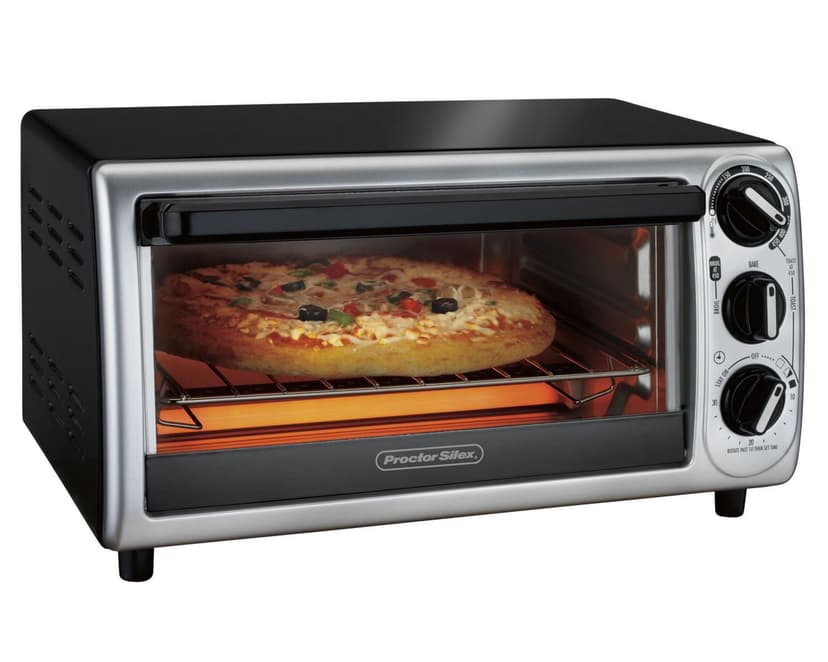 Proctor Silex 4-Slice Toaster Oven, 1100 Watts, Bake, Broil & Toast, Black with Silver Accents (31122PS)