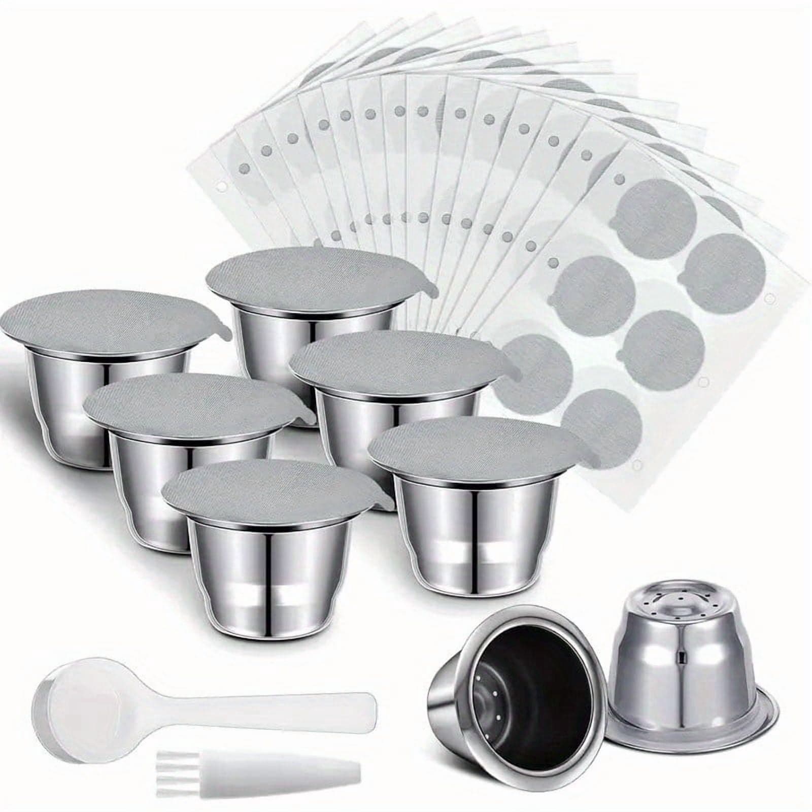 HLONK Reusable Espresso Capsules Stainless Steel Refillable Coffee Pods Reusable Espresso Pods with Aluminum Foil Seals Stickers Lids Compatible with Nespresso Machines 6 Cups 200 Lids wi