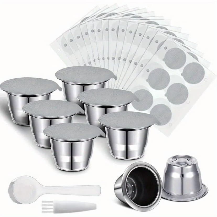 HLONK Reusable Espresso Capsules Stainless Steel Refillable Coffee Pods Reusable Espresso Pods with Aluminum Foil Seals Stickers Lids Compatible with Nespresso Machines 6 Cups 200 Lids wi