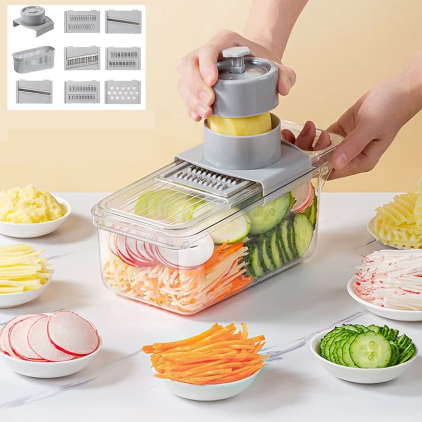 Vegetable Chopper Slicer Dicer Set | Multifunctional Manual Food Cutter with 7 Stainless Steel Interchangeable Blades | Large Plastic Container | Dishwasher Safe | 11.73x4.92x4.72in | Gray