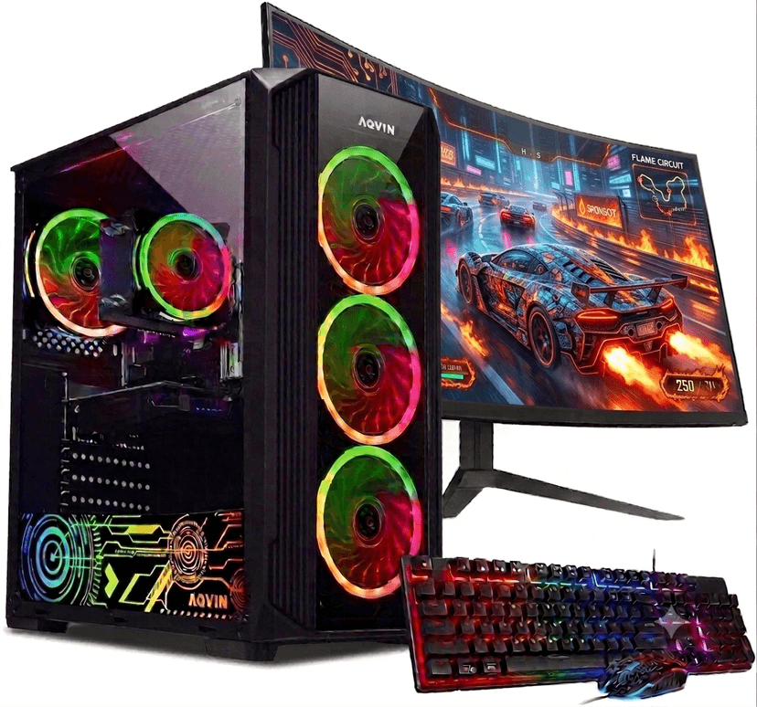AQVIN Gaming PC Tower | Intel Core i7 Processor up to 4.60GHz | GTX 1650 4GB GDDR5 Graphics | 256GB SSD | 16GB RAM | Windows 11 Pro | WiFi | 24 Inch Curved Monitor