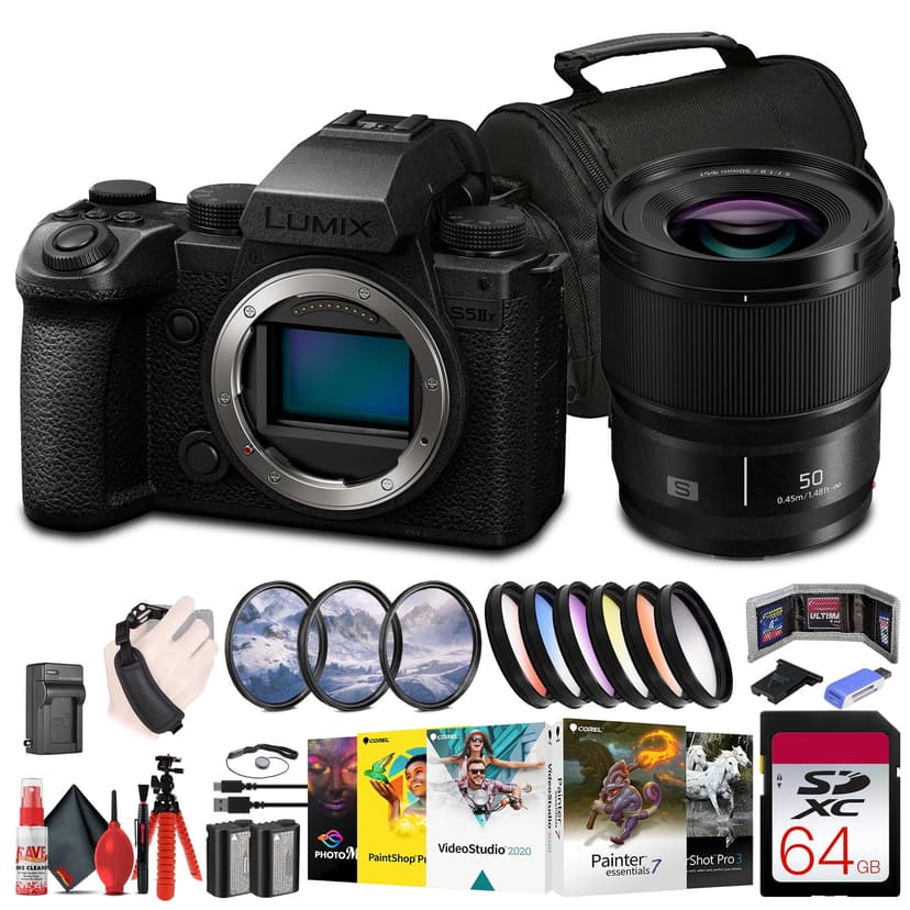 Panasonic Lumix S5 IIX Mirrorless Camera (DC-S5M2XBODY) + Panasonic Lumix S 50mm Lens + 64GB Memory Card + Filter Kit + Color Filter Kit + Corel Photo Software + DMW-BLK22 Battery + Bag + More