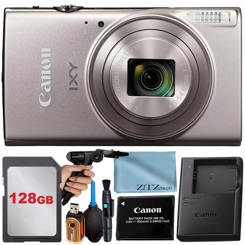Canon PowerShot IXY 650 (ELPH 360) HS Digital Camera (Silver) with 12x Optical Zoom Lens + 128GB Memory Card + Cleaning Pen + ZeeTech Starter Bundle