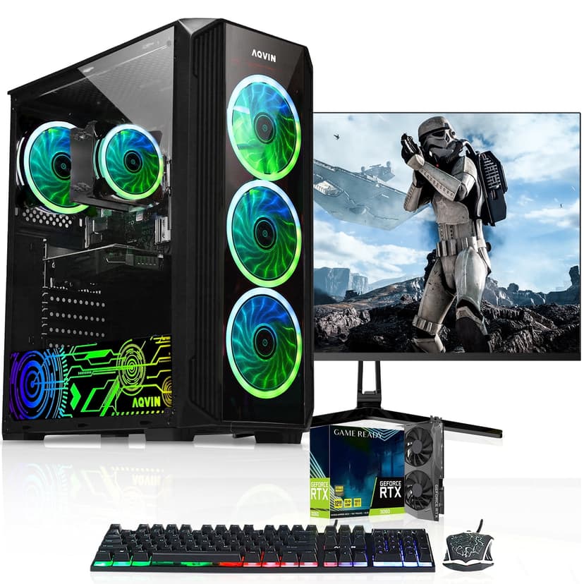 Gaming PC AQVIN ZForce Desktop Computer Tower Intel Core i7, 32GB DDR4 RAM, 1TB SSD Storage, 24-inch Gaming Monitor, AMD Graphics RTX 5050 8GB, Windows 11 Pro RGB Keyboard and Mouse WiFi