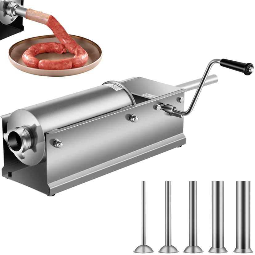 KFFKFF Hand-Operated Sausage Filler, 5 L / 11 LBS Horizontal Meat Injector, Two-Speed Food Processor, Constructed with Edible 304 Stainless Steel, Comes with 5 Filling Nozzles
