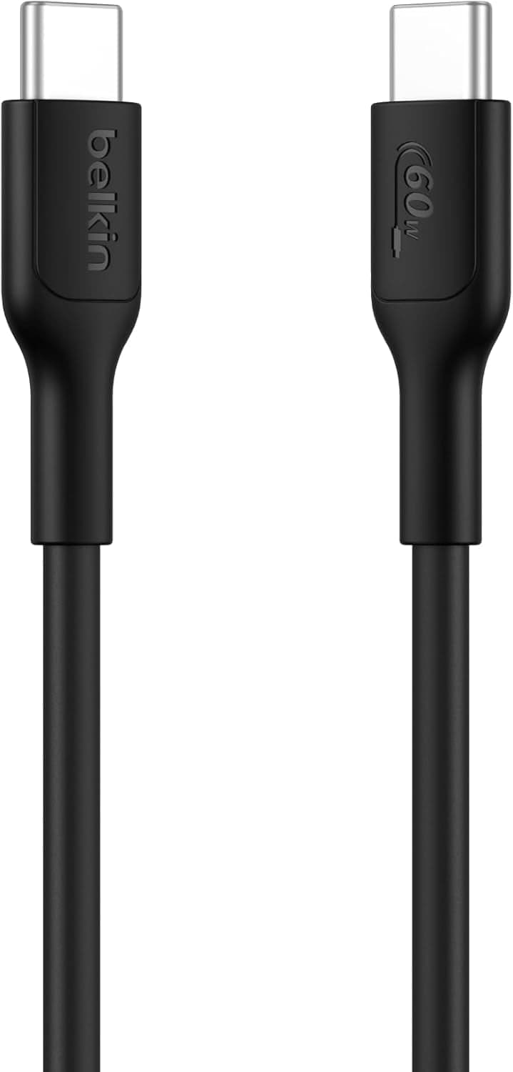 Belkin BoostCharge USB-C to USB-C Cable 60W (1M/3.3ft. 60W) - Soft, Flexible Fast-Charging Cable, Type C Charger Cord for iPhone 16 & 15 Series, Galaxy S25, MacBook, iPad Pro, & More - Black