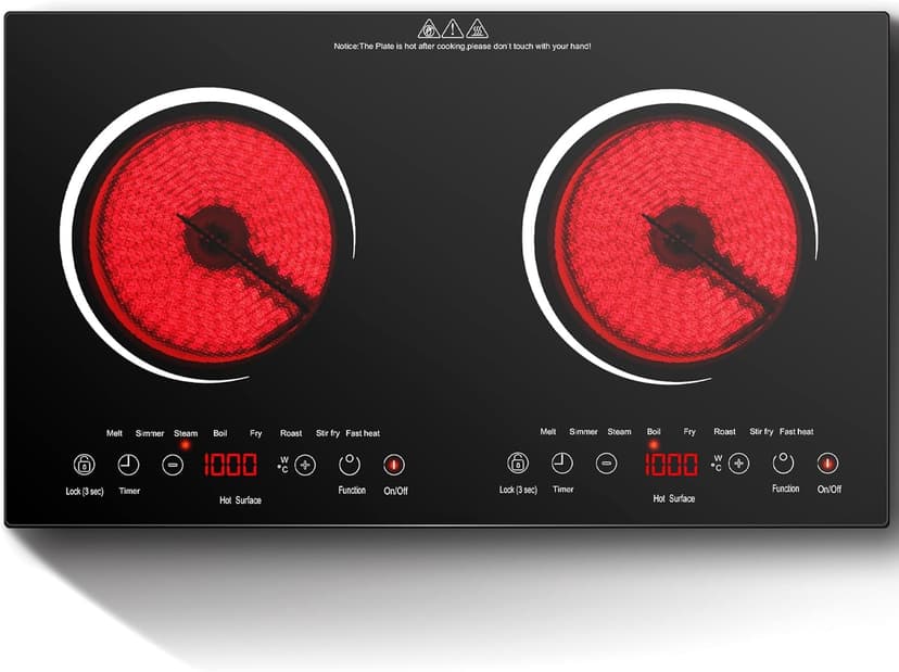 Karinear 110V Electric Cooktop 2 Burners, 24 Inch Electric Stove Top, Countertop and Built-in, Touch Sensitive Control Electric Ceramic Cooktop with Child Safe Lock, Timer, High Temperature Warning