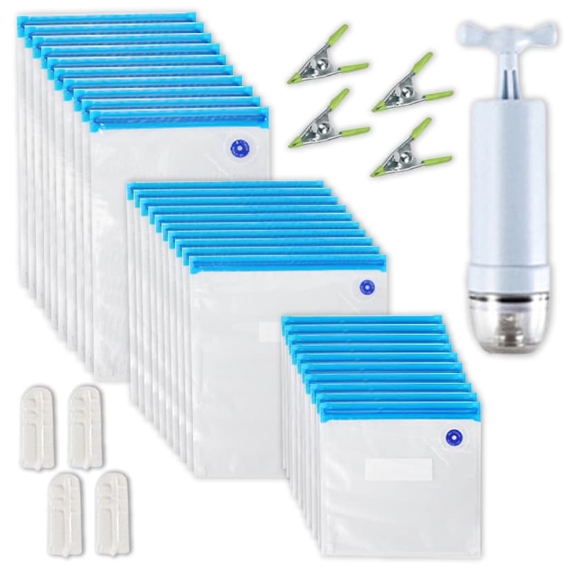 35 Pieces Vacuum Food Storage Bags Reusable Vacuum Sealer Bags in 3 Sizes with 1 Hand Pump 4 Cooking Clips 4 Sealing Clips Sous Vide Cooking Bags for Vegetables, Fruits and Meats