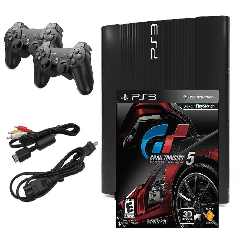 Restored Sony Playstation 3 PS3 Console Super Slim 250GB Black with Gran Turismo 5 & Two Retrofam Controllers (Refurbished)