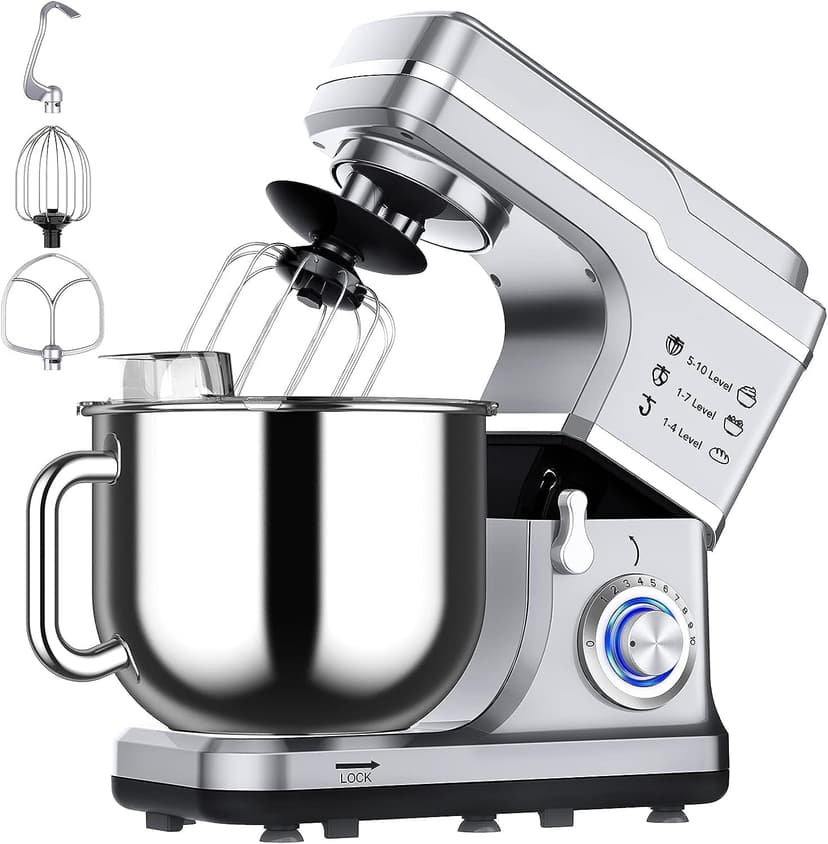 COZONY 7.5Qt Kitchen Electric Mixer,3 In 1 Stand Food Mixer With 10-Speed Tilt Head,Dough Mixer With Egg Whisk, Dough Hook, Beater, and Splash Guard, For Home Cooks, Silver