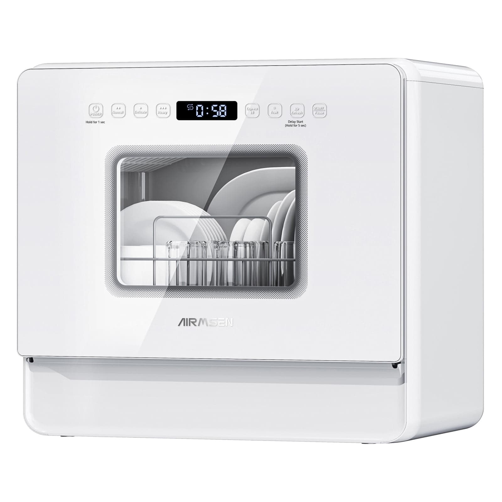 AIRMSEN 5-Place Settings Portable Countertop Dishwasher with 5L Built-in Water Tank, Ultra-Slim Dishwasher Upgrade 3 Spray Arms, 12H Delay Start and Salt Chamber Function, ZMW-DUHA01
