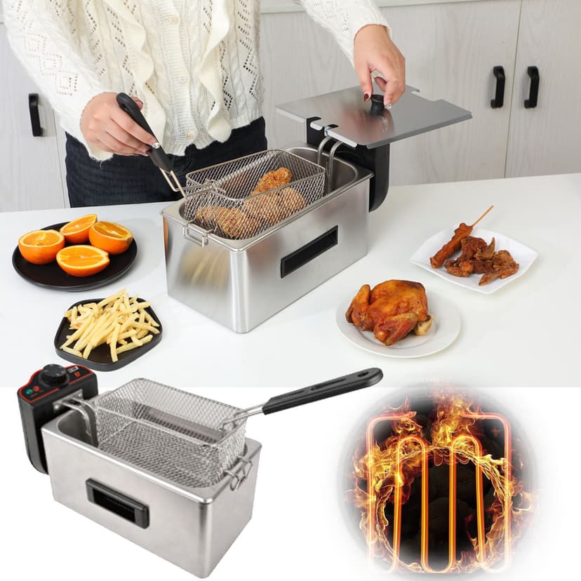 Fesfesfes 2000W 3L Electric Deep Fryer with Temperature Control Adjustable Thermostat Countertop Fryer for Home Kitchen French Fries Chicken Frying