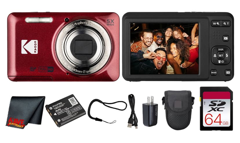 Kodak PIXPRO FZ55 Digital Camera (Red) (FZ55RD) + 64GB Card + Case + Cleaning Cloth